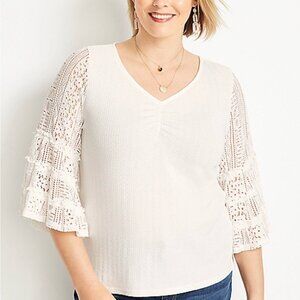 Maurices Ribbed Pointelle V-Neck 3/4 Lace Bell Sleeve Top
